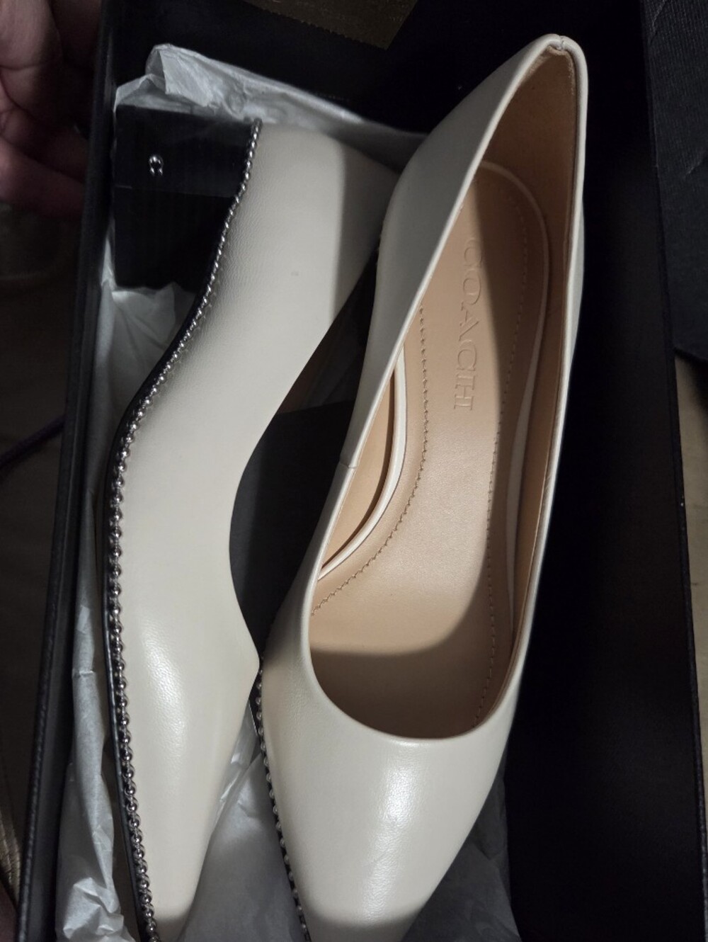 Coach Women's Cream Leather Pointed-Toe Heels with Silver Trim